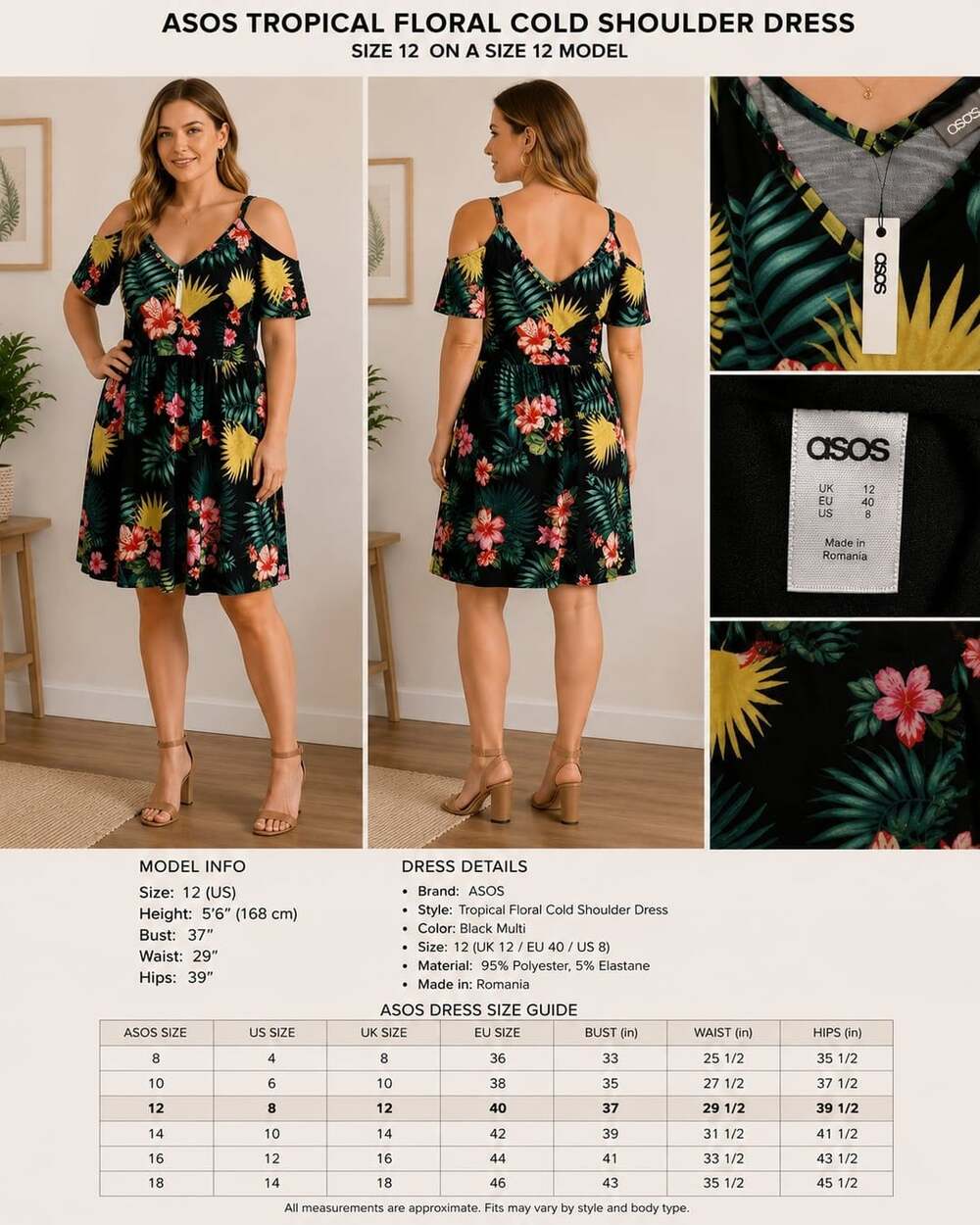 ASOS NWT Women’s 12 Black Tropical Floral Cold Shoulder Fit Flare Dress